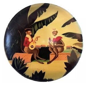 Tropical Monkey Couple - Playing Lute, Holding Flower Platter - 12.5 Vintage MCM